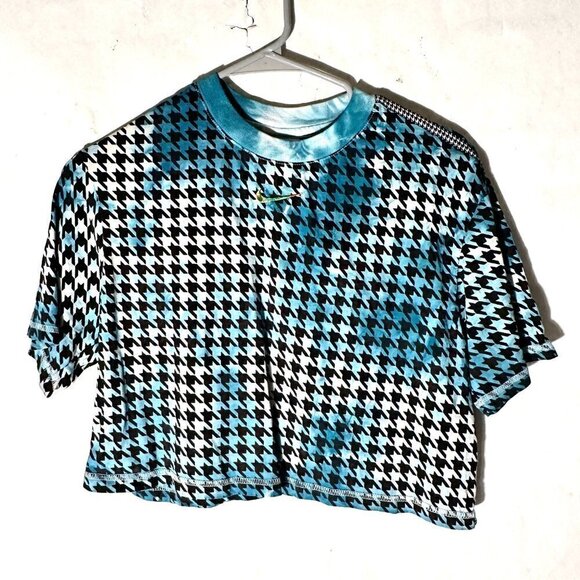 Nike Houndstooth Tie Dye Size Small Turquoise Teal Crop Cropped Top Tee Shirt - Picture 2 of 8